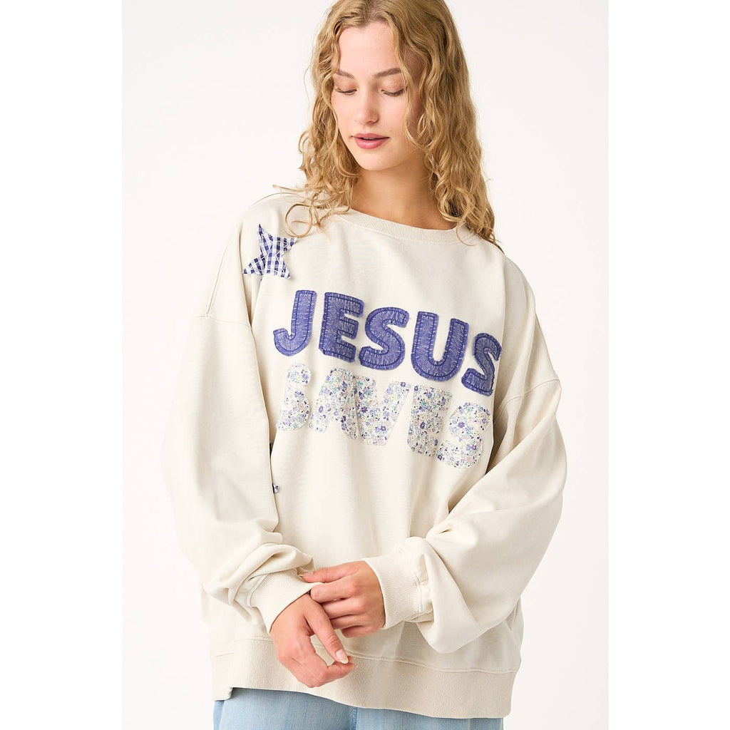 JESUS SAVES PATCHWORK CREW NECK SWEATSHIRT