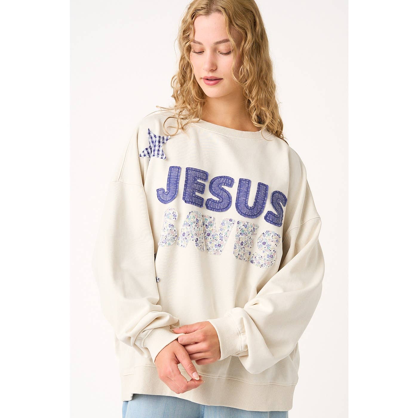 JESUS SAVES PATCHWORK CREW NECK SWEATSHIRT