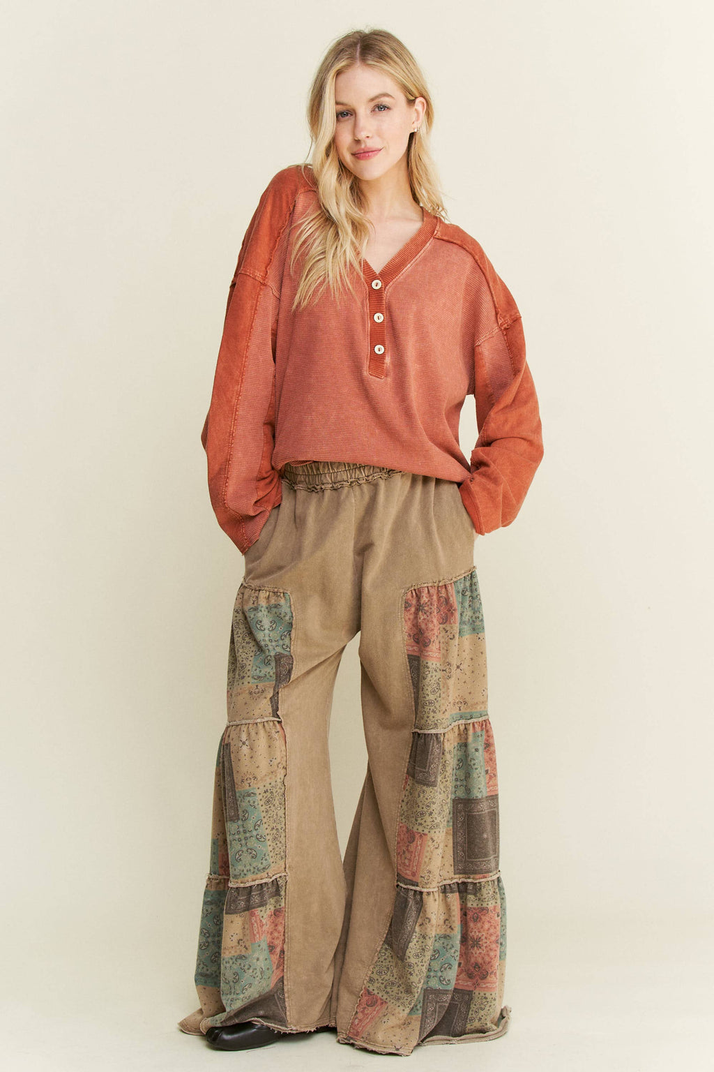 Mineral Washed Boho Patch Tiered wide pants HP6619