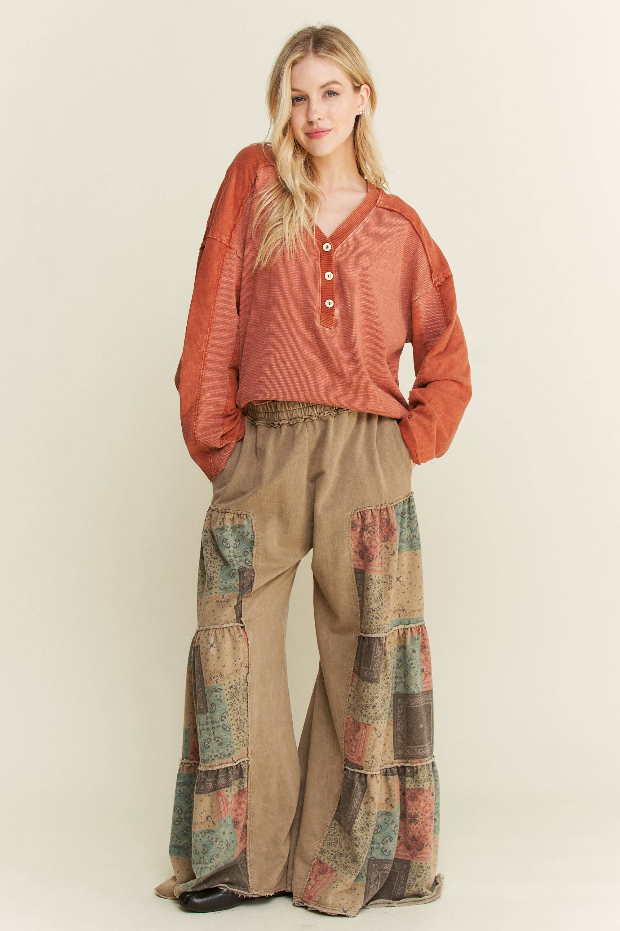 Mineral Washed Boho Patch Tiered wide pants HP6619