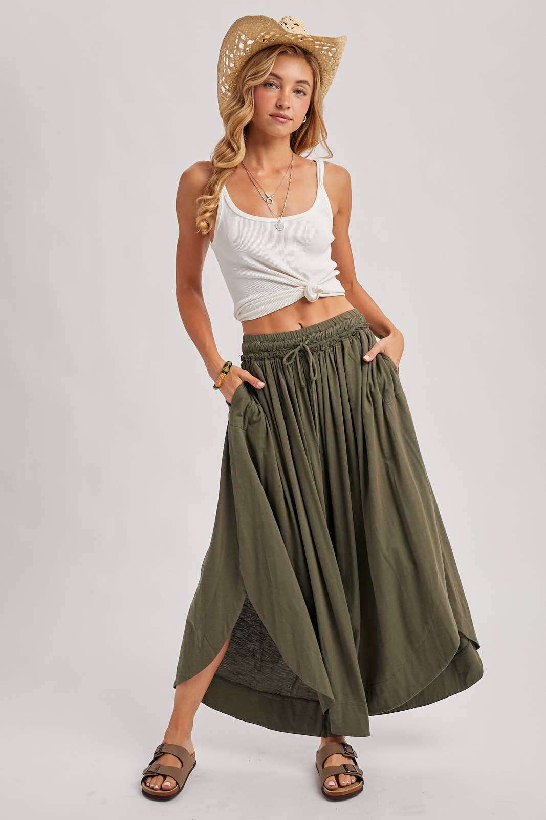 BOHEMIAN SIDE SLIT ROUNDED HEM WIDE LEG PANTS