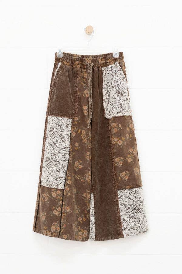 WASHED CORDUROY AND FLOWER DENIM PANTS