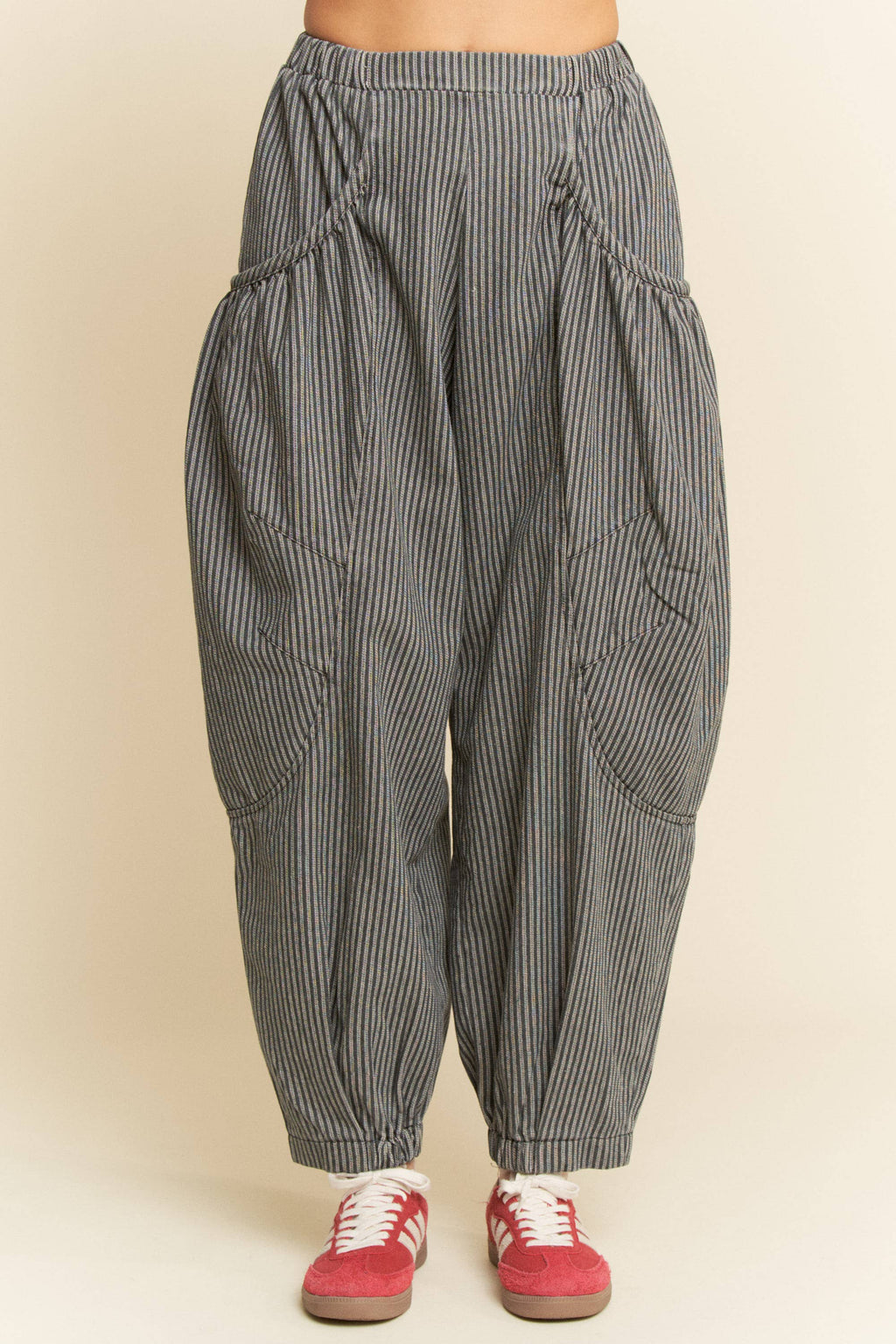 STRIPED DENIM DRAPED BARREL JOGGER PANTS