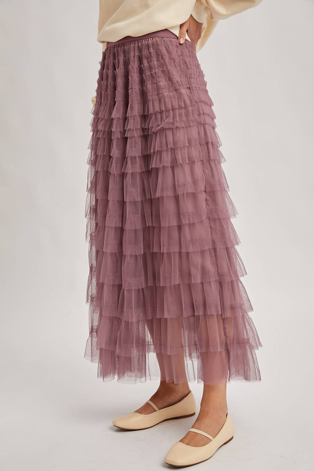 RUFFLED TULLE MIDI SKIRT